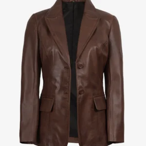 Women's Two Button Cognac Waxed Leather Blazer