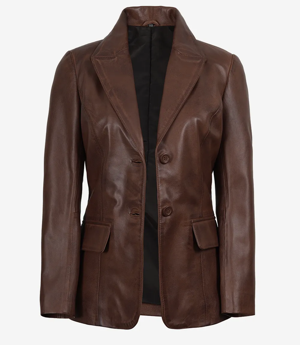 Women's Two Button Cognac Waxed Leather Blazer
