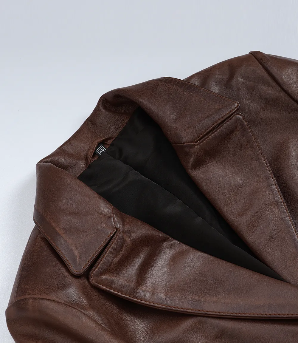 Women's Two Button Cognac Waxed Leather Blazer