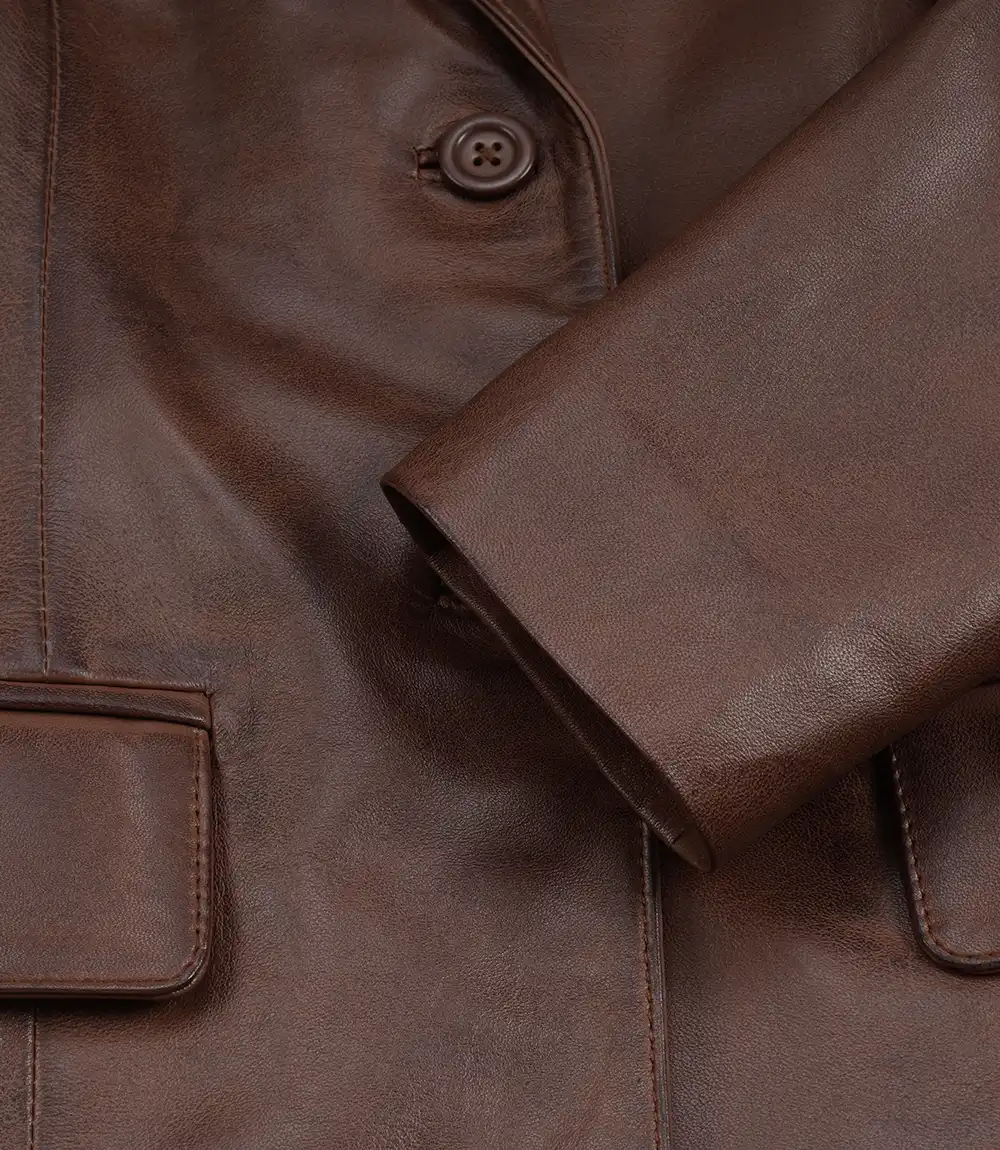 Women's Two Button Cognac Waxed Leather Blazer