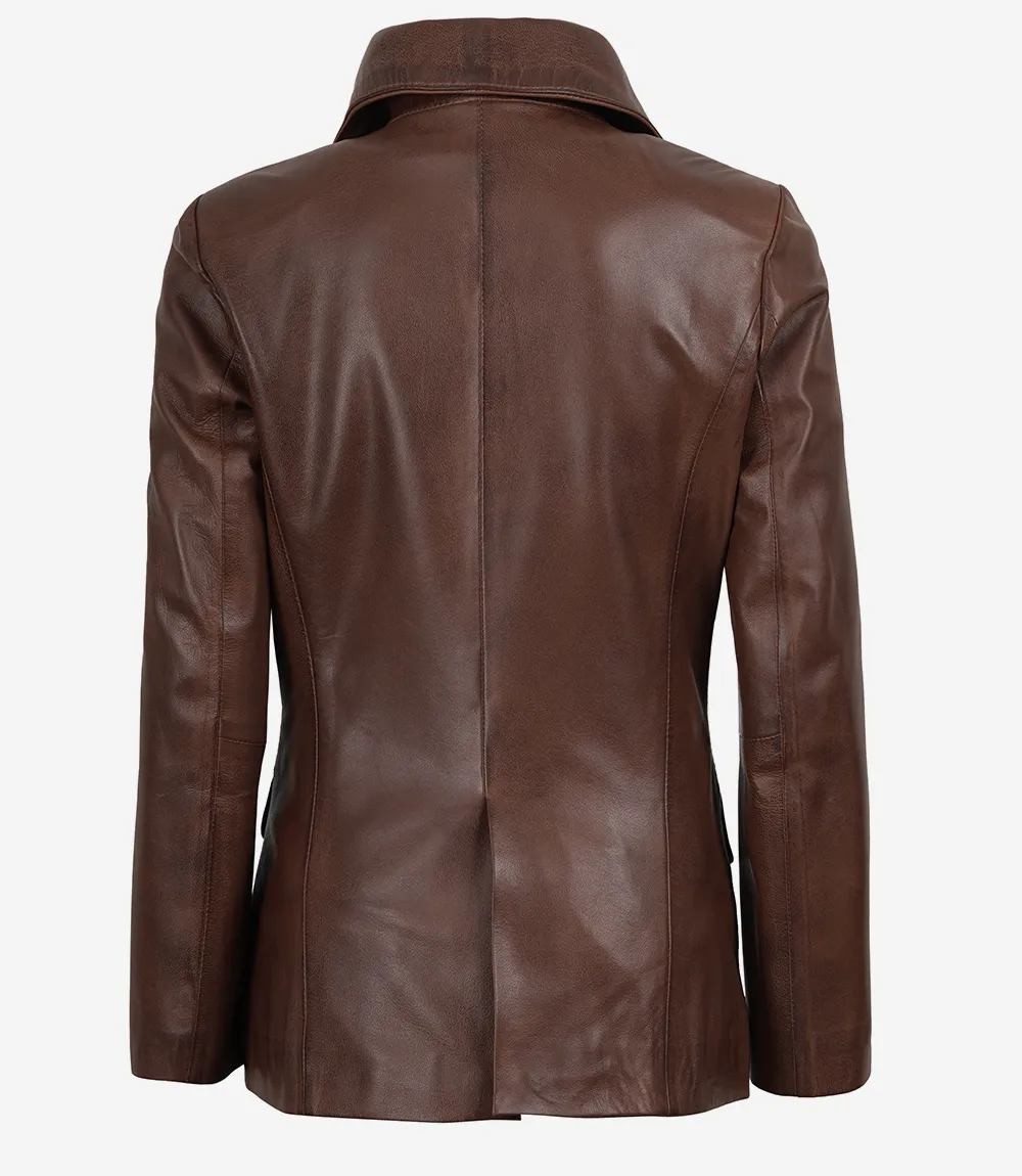 Women's Two Button Cognac Waxed Leather Blazer