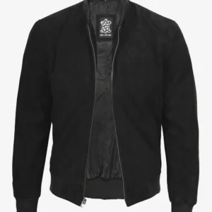 Men's Black Suede Bomber Jacket — Mandarin Collar