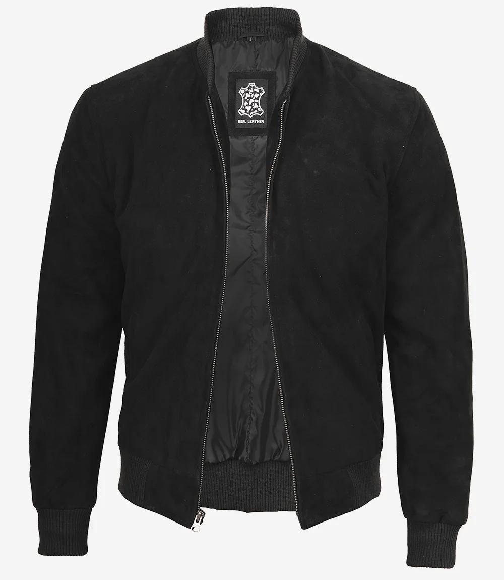 Men's Black Suede Bomber Jacket — Mandarin Collar