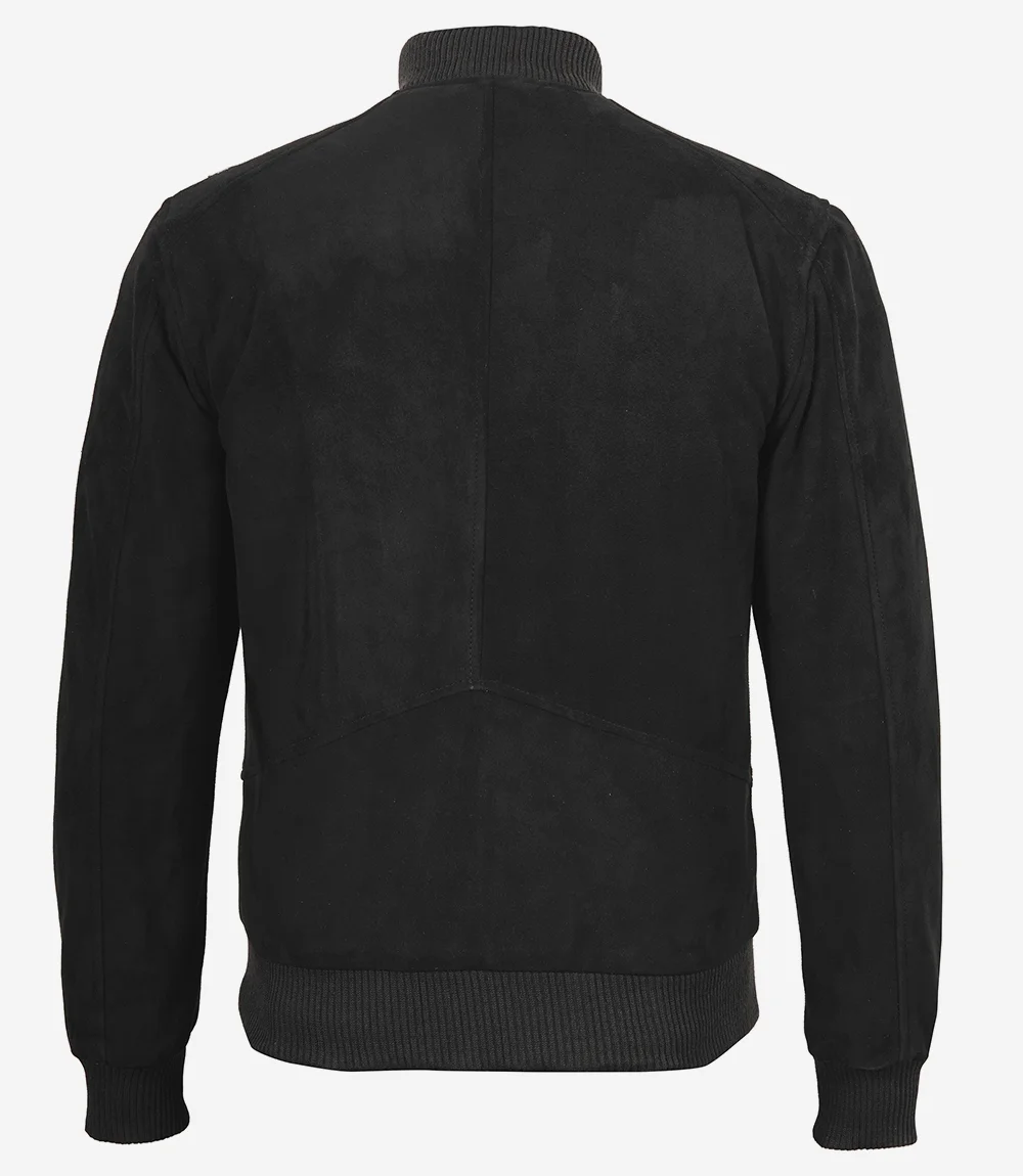 Men's Black Suede Bomber Jacket — Mandarin Collar
