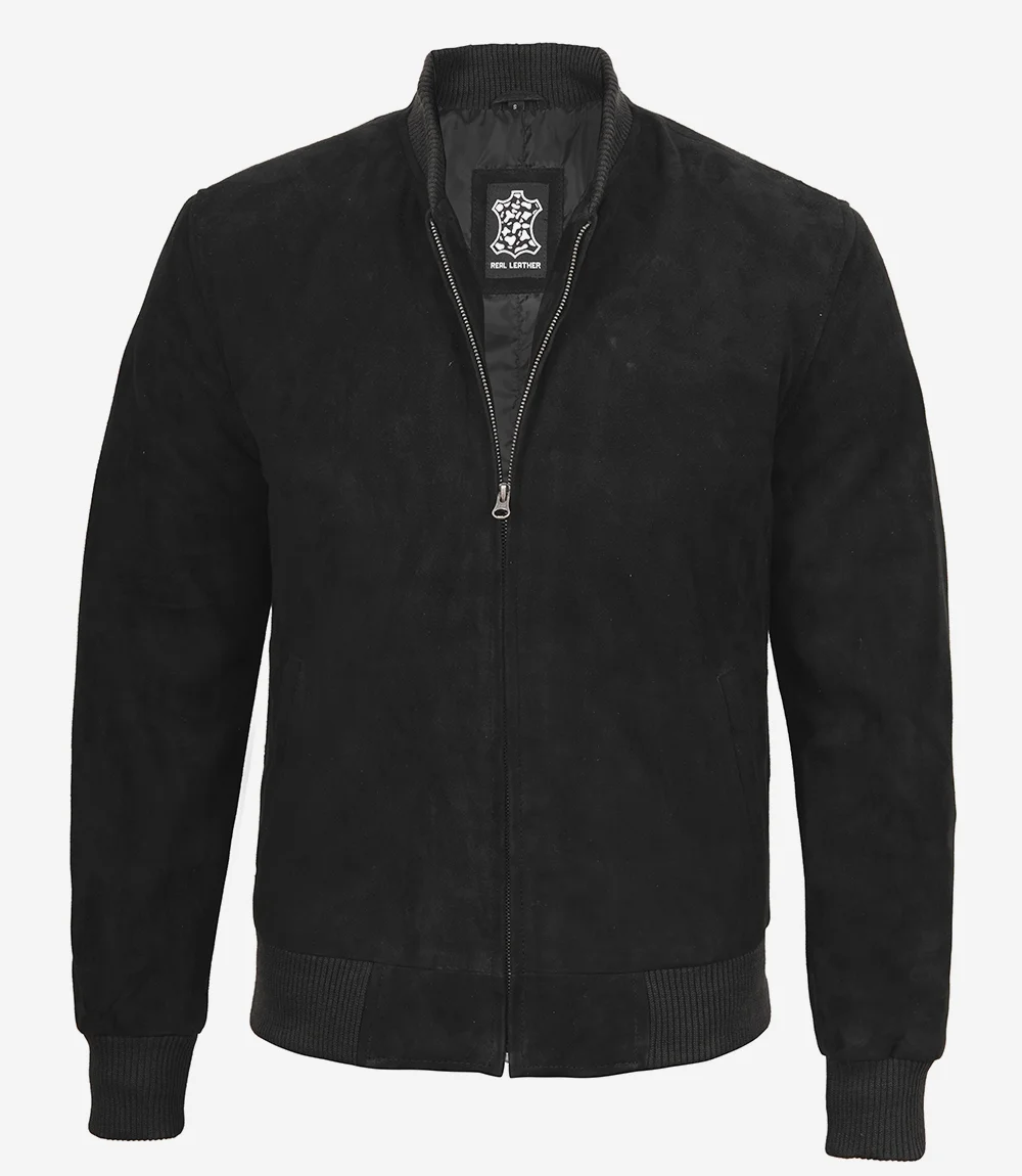 Men's Black Suede Bomber Jacket — Mandarin Collar