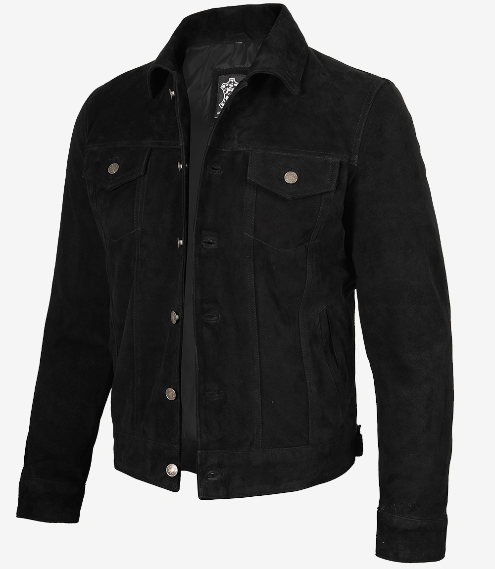 Mens Premium Black Suede Trucker Jacket