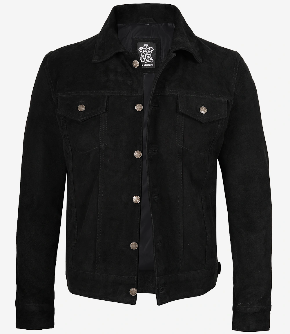 Mens Premium Black Suede Trucker Jacket