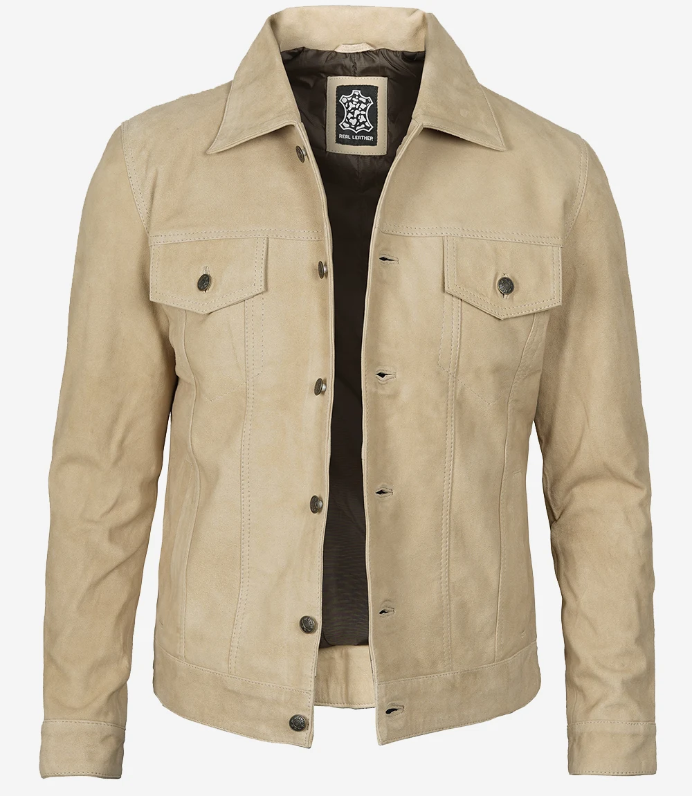 Men's Classic Real Suede Camel Trucker Style Jacket