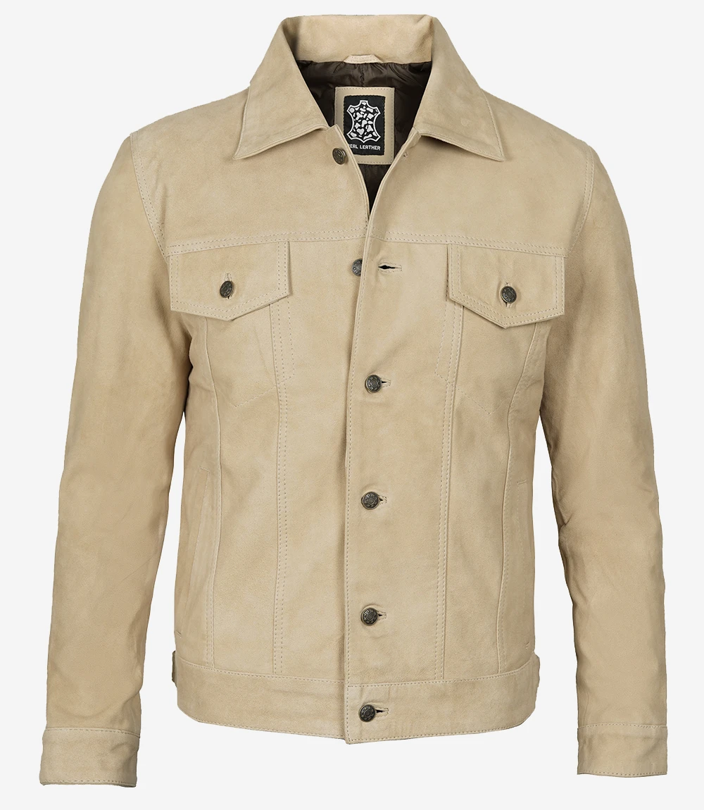 Men's Classic Real Suede Camel Trucker Style Jacket