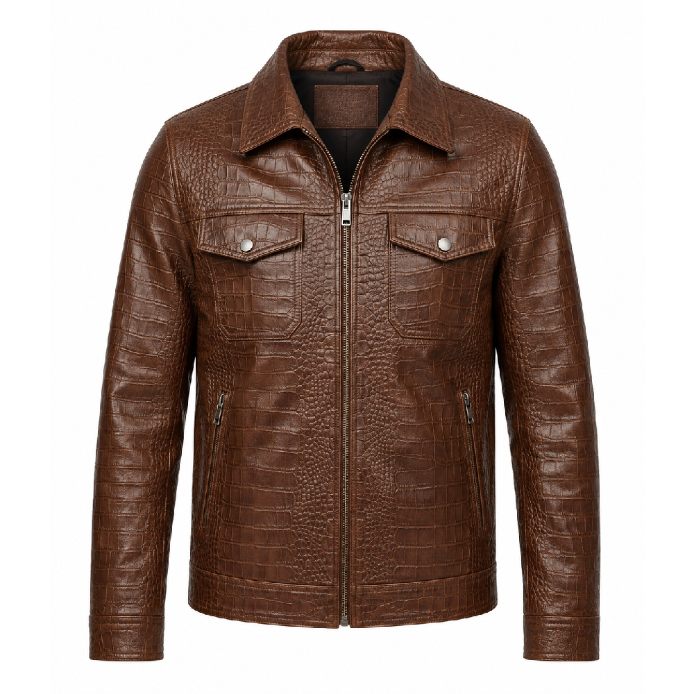 Mens Brown Crocodile Leather Jacket