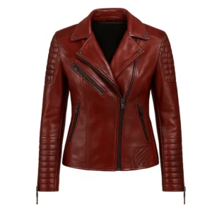 Womens Quilted Maroon Leather Biker Jacket