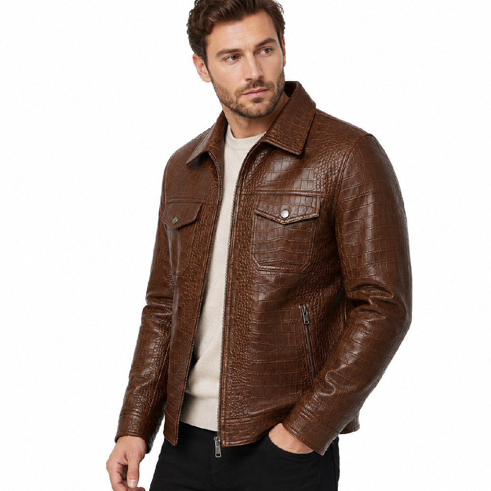Mens Brown Crocodile Leather Jacket