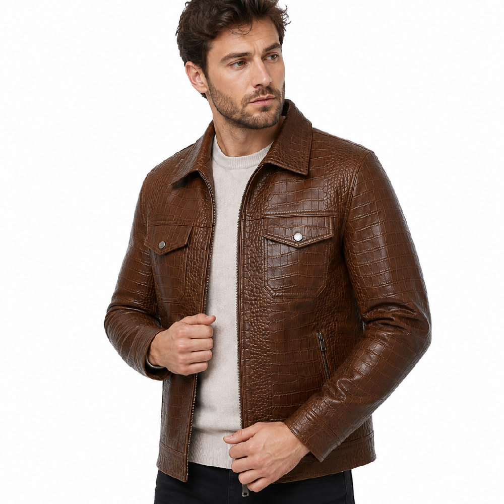 Mens Brown Crocodile Leather Jacket