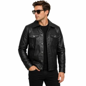 American Outwear Black Trucker Leather Jacket
